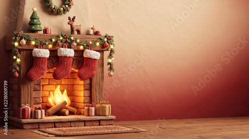 Cozy fireplace interior decorated with Christmas stockings, gifts, and pine