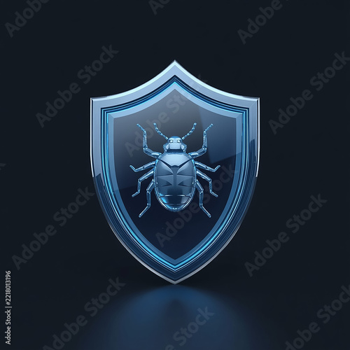 3D Malware Protection Shield with Bug Icon for Cybersecurity and Digital Security