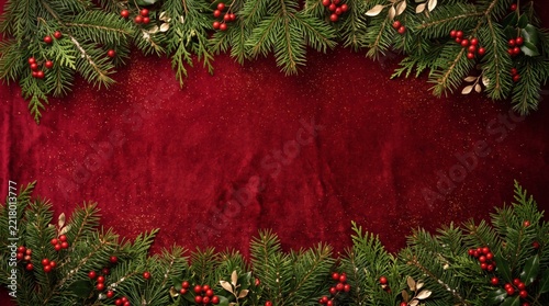 Christmas red background with pine branches and red berries frame