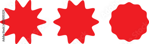 Red starburst and burst shape badges vector illustration collection.   Promotional red sunburst 