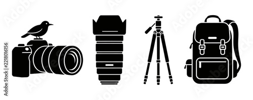Black and white icon set of professional photography gear equipment and camera accessories