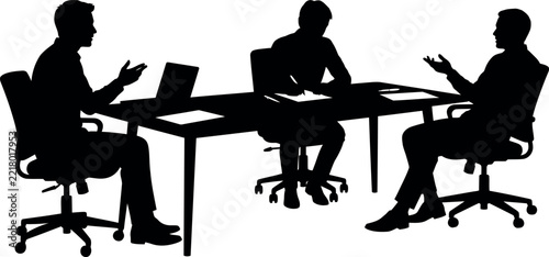 Business meeting silhouette with three people seated around a desk on a white background