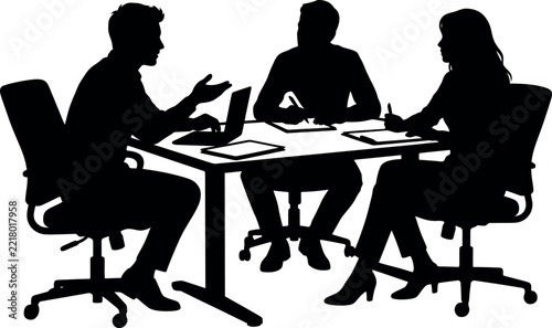 Business meeting silhouette depicts three people collaborating around a desk on a white background