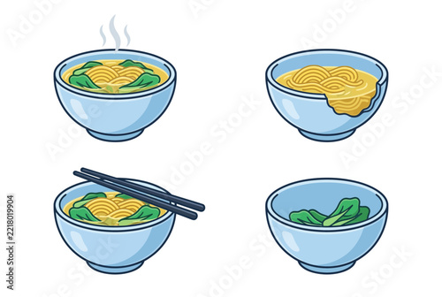 Set of Asian yellow noodle soup bowls with green vegetables and chopsticks in flat vector illustration style, including a bowl with steam and a broken bowl isolated on white background.