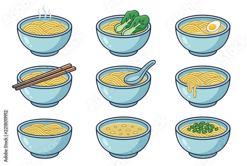 Vector Collection of Yellow Noodle Bowls with Various Toppings and Presentations, Featuring Ramen and Udon Icons in Blue Ceramic Bowls for Asian Food Menu Design and Culinary Illustrations