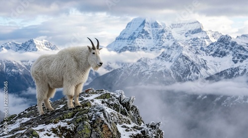 Majestic white mountain goat with sharp horns standing on a rugged rocky peak covered in snow, overlooking a dramatic panoramic view of misty, snow-capped alpine mountains.