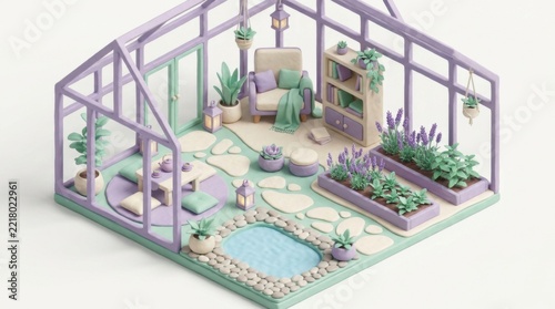 3D Isometric Glass Greenhouse Sanctuary with Plants and Pool