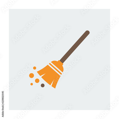 Orange Broom Sweeping Dust Icon on Light Gray Background, Cleaning Tool Graphic