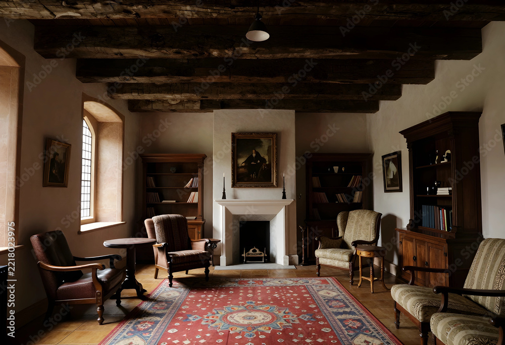 Naklejka premium Heritage interior design and historic architecture, cozy library room with antique furniture and wooden ceiling beams in a traditional manor house