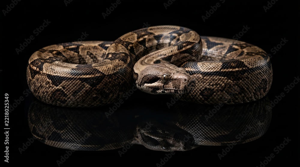 Fototapeta premium Close-up of a coiled boa constrictor snake with intricate pattern on black background