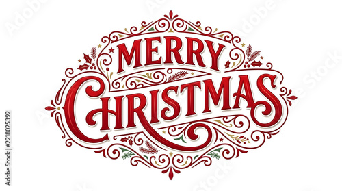 A festive christmas typographic design features ornate swirls and lettering in shades of red and gold ornament holiday greeting calligraphy