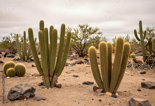 Desert landscape and arid climate, cactus plants in sandy terrain with dry vegetation and rocks under cloudy sky for environmental conservation themes