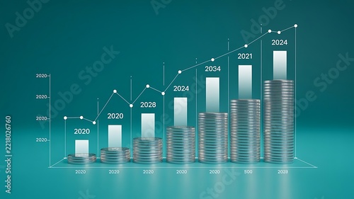 Financial Growth Chart Illustrating Investment Returns and Economic Progress Over Years with Rising Stacks of Coins and a Stock Market Trend Line