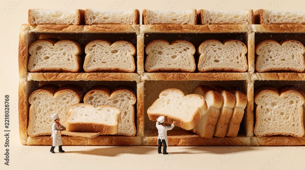 Fototapeta premium Tiny miniature chefs work in bakery. Small people figurines arrange large bread slices on wooden shelves. Workers stack white toast, brown loaves in kitchen. Creative food concept with little bakers