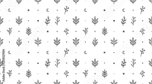 Abstract seamless pattern with small black leaves and dots