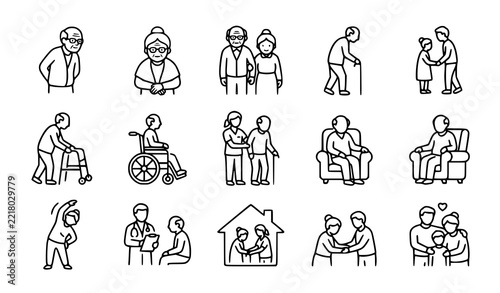 Geriatric Elderly People Senior Care Black White Line Vector Icon Collection