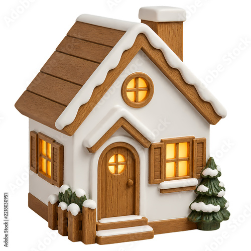 Ceramic House Ornament with Natural Wood Accents for Winter