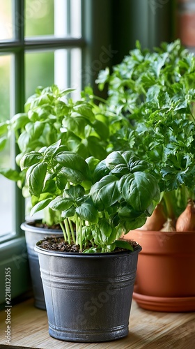 Small metal pot containing fresh basil leaves near window