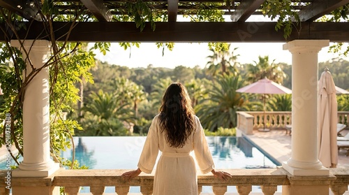 Elegant woman in white dress stands on a stone balcony overlooking a lush tropical garden and sparkling pool