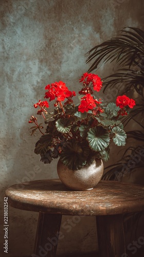 Vibrant red geranium flowers in a ceramic pot on table