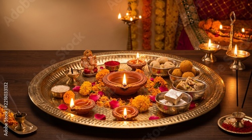 Traditional Diwali puja thali decorated with lit oil lamps sweets flowers and god ganesha statue