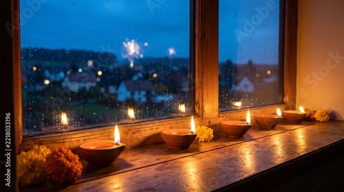 Traditional clay lamps glowing on a wooden windowsill during rainy evening festival celebration