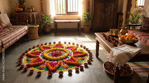 Traditional rangoli decorated with bright marigold flowers and clay oil lamps inside indian home