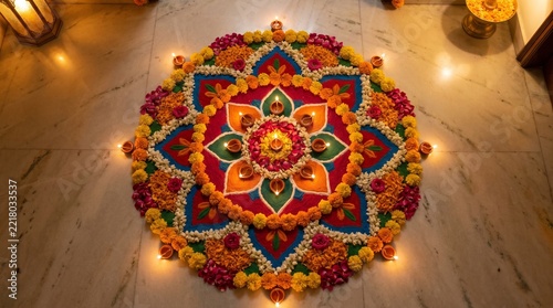 Colorful rangoli design decorated with glowing oil lamps for diwali festival celebration