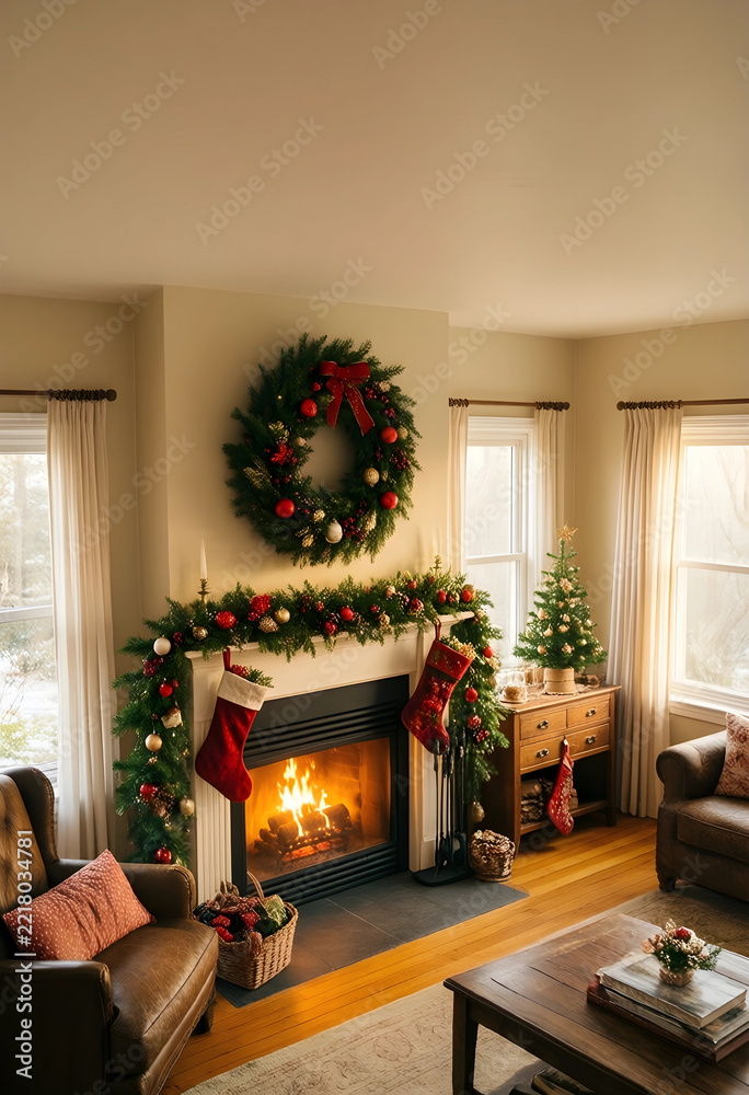 Naklejka premium Christmas home interior festive holiday living room with fireplace decorated mantelpiece evergreen wreath stockings and cozy winter atmosphere