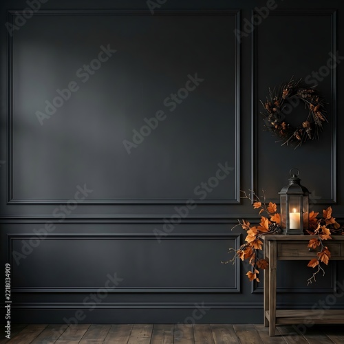 Moody Autumn Interior Background with Large Copy Space on Dark Blue Paneled Wall and Fall Decor