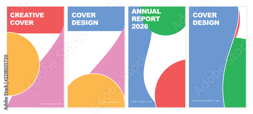 Set of four colorful geometric brochure cover designs with abstract shapes and template