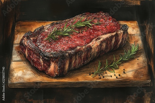 Hand-Drawn Sketch of Raw Beef Ribeye Steak with Rosemary