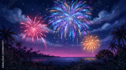 Tropical Night Fireworks Display Over Ocean Coastline with Palm Trees