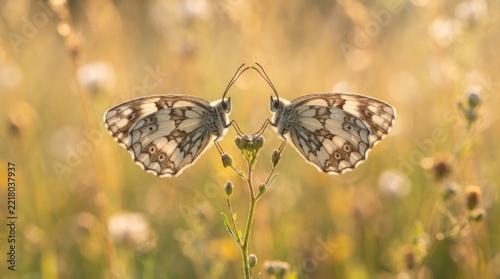 Two Marbled White Butterflies Mirror Image on Wildflower Stem, Golden Hour Light