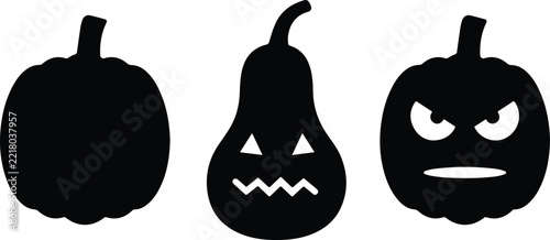 Set of Three Halloween Pumpkins, Scary and Blank Black Silhouette Vector Illustration