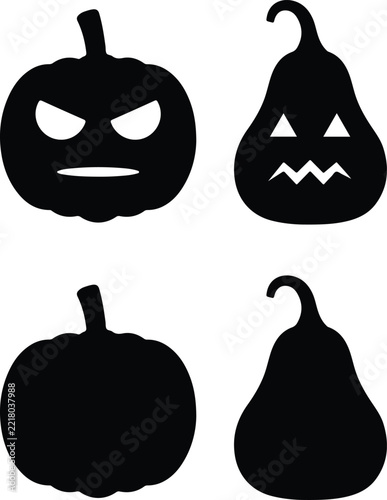 Set of Four Halloween Pumpkins, Angry Jack-o'-Lantern and Blank Black Silhouettes