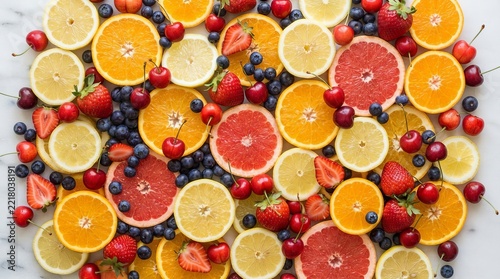 Vibrant Assortment of Fresh Citrus Fruits and Berries Scattered on White Background