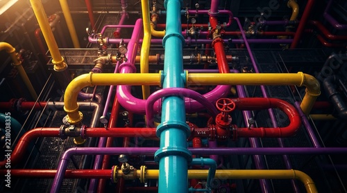 Vibrant Industrial Plumbing Network with Colorful Pipes and Valves