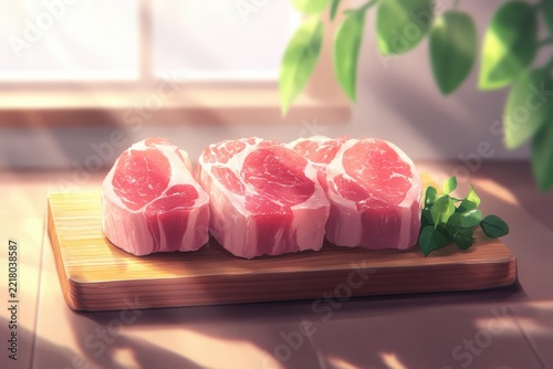 Fresh Pork Chops on a Wooden Board