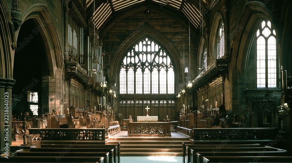 Obraz premium Old stone church interior, raised altar, carved wooden platform, cross, choir stalls, arched windows, empty nave