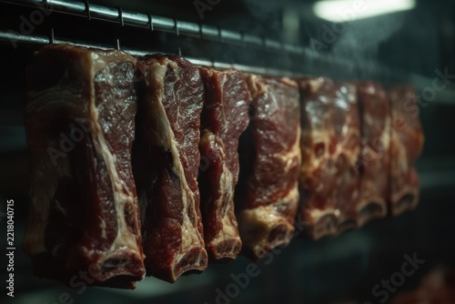 Aged Beef Ribs Hanging in a Cool Meat Storage Locker