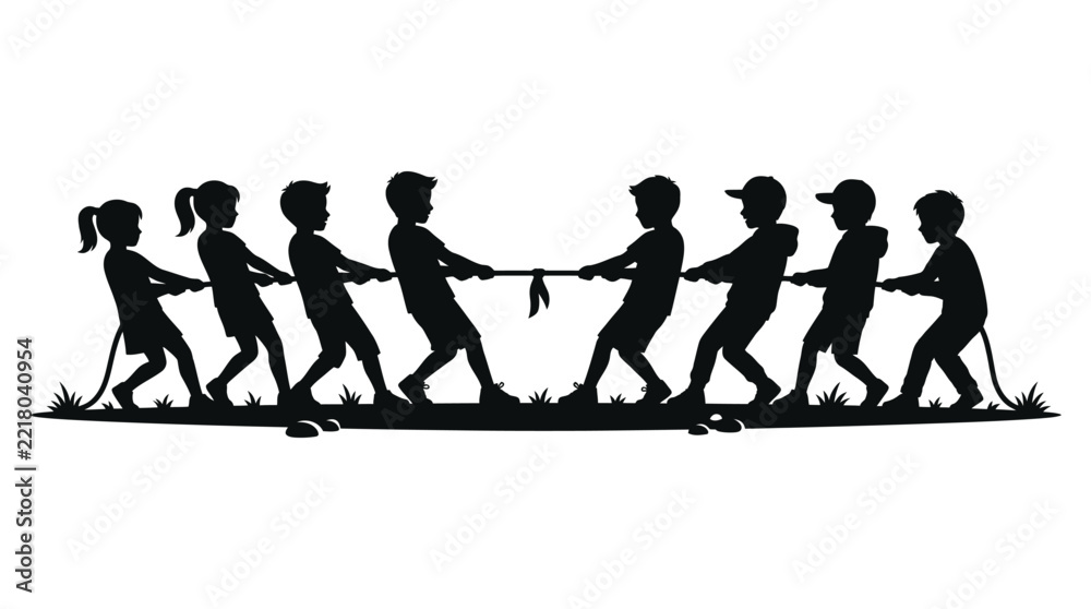 Obraz premium Children playing tug of war black silhouette against a white background