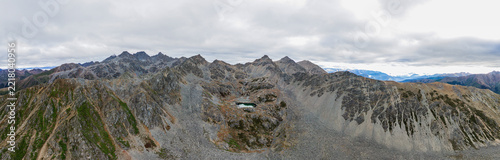 Panoramic view of rugged mountain peaks with alpine lake