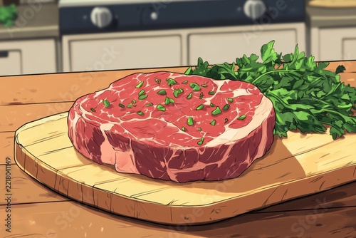 A Raw Ribeye Steak Prepared for Cooking on a Wooden Board