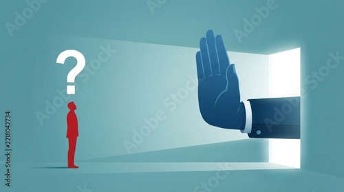 Man facing blocked doorway with question mark, concept of obstacles and challenges