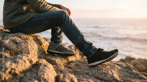 Man in Jeans and Sneakers Sitting on Rocks by the Ocean at Sunset