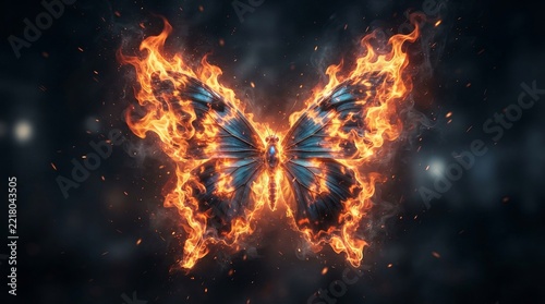Fiery Butterfly Emerging from Darkness, Transformation and Rebirth Concept