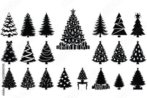 Christmas Black and white tree vector illustration set featuring various holiday-themed trees, ornaments, and festive