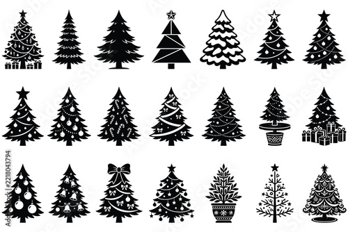 Christmas Black and white tree vector illustrations for festive greeting cards, holiday banners, or social media posts