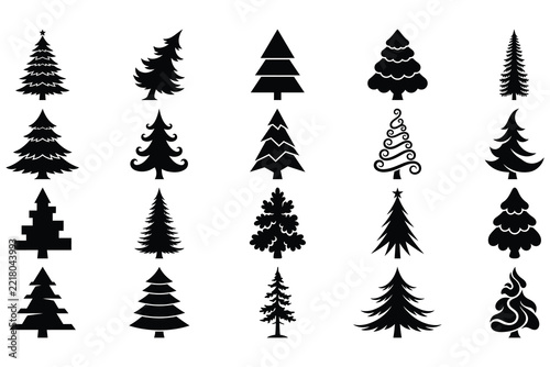 Christmas Black and white tree vector illustrations for festive greeting cards, holiday banners, and social media posts